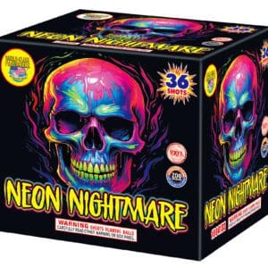 Neon skull fireworks box with colorful design.
