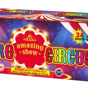 Pyro Circus fireworks box with colorful design.