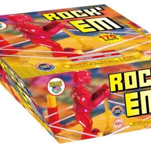 Colorful fireworks box with robot illustrations.