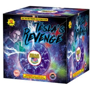 Fireworks box labeled "Tesla's Revenge" with lightning.