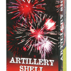 Fireworks box labeled "Artillery Shell" with bursts.