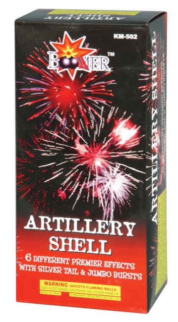 Fireworks box labeled "Artillery Shell" with bursts.
