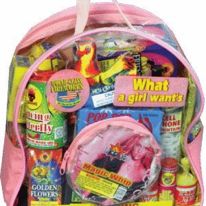 Clear backpack filled with various colorful fireworks.