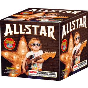 Child with guitar on "Allstar" fireworks box.