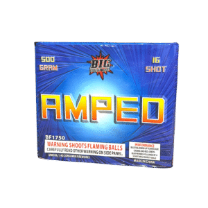 Blue fireworks box labeled "Amped" with warnings.
