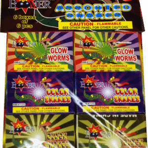 Assorted snakes fireworks packaging with caution.