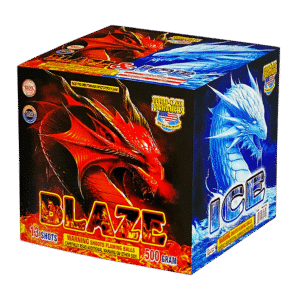 Fireworks box with red and blue dragons.