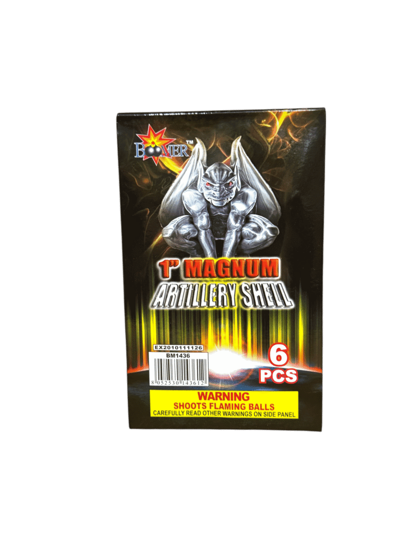 Fireworks box with gargoyle illustration and warning.