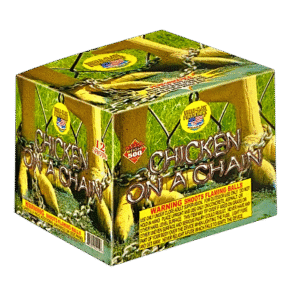 Fireworks box labeled "Chicken on a Chain".