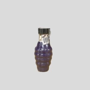 Purple grenade-shaped glass bottle on gray.