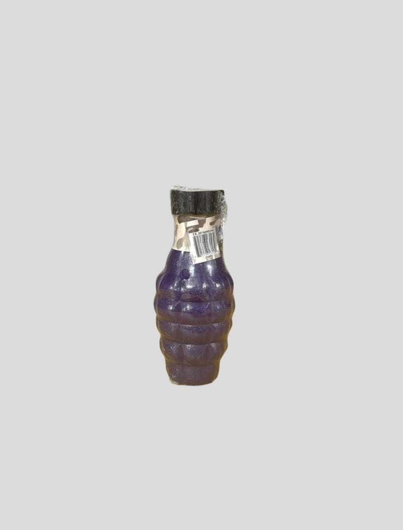 Purple grenade-shaped glass bottle on gray.