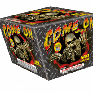 Skeleton-themed fireworks box labeled "Come On".