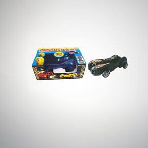 Toy car and packaging on display.