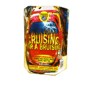 Firework packaging with car-themed design.