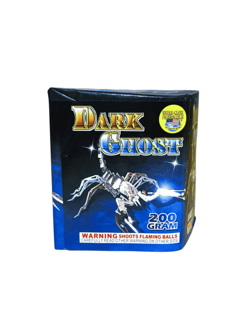 Firework packaging labeled "Dark Ghost" 200 gram.