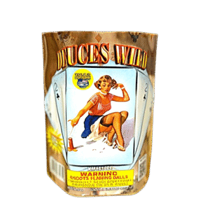 Vintage-style fireworks packaging with pin-up illustration.