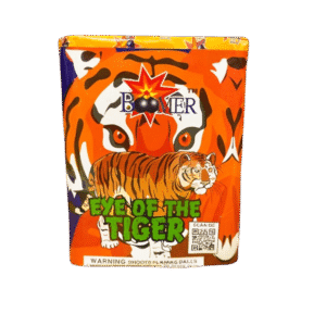 Colorful fireworks packaging featuring a tiger design.