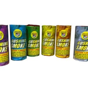 Colorful gushing smoke canisters in a row.