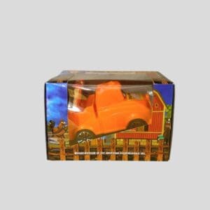 Toy orange car in a box.