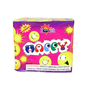 Colorful fireworks packaging with smiling faces.