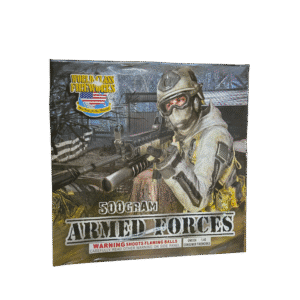 Armed Forces fireworks packaging with soldier image.