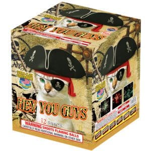 Pirate cat-themed fireworks box, "Hey You Guys".