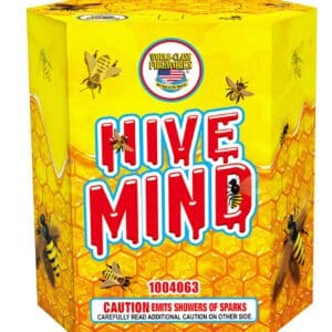 Firework box labeled "Hive Mind" with bees.