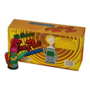 Teapot fireworks packaging with colorful design.