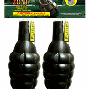 Two black grenade-shaped fireworks packaging.