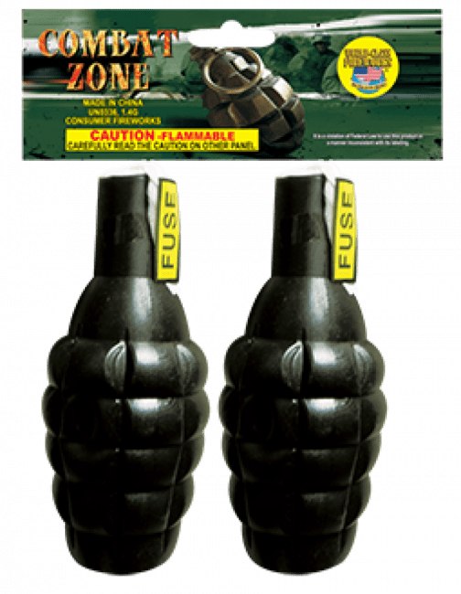 Two black grenade-shaped fireworks packaging.