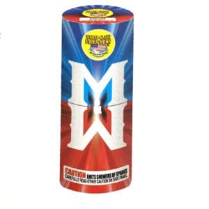 Firework cylinder with colorful M design.