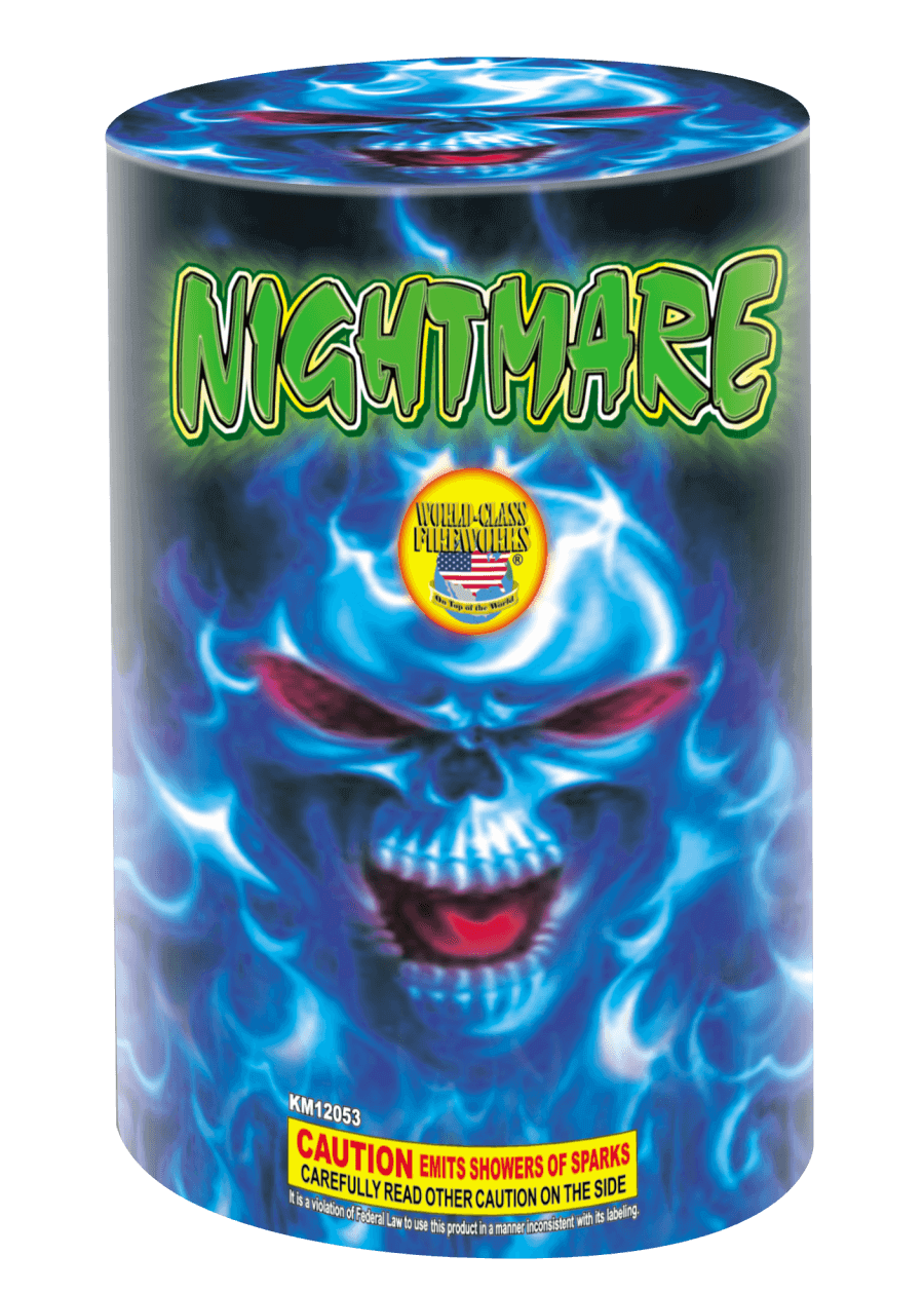 Firework labeled 'Nightmare' with eerie face.