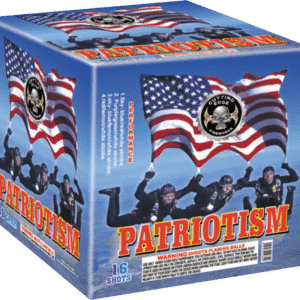 Fireworks box featuring American flags and skydivers.