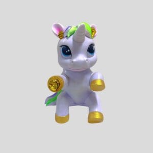 Cute unicorn toy with colorful mane.