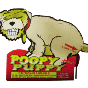 Cartoon dog firework with warning label.