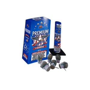 Blue fireworks packaging with small canister fireworks.