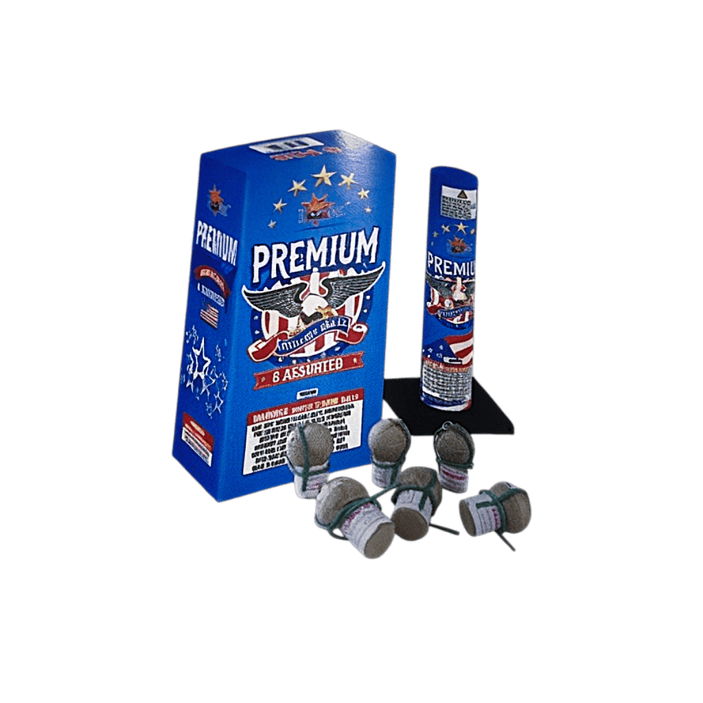 Blue fireworks packaging with small canister fireworks.