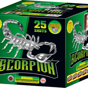 Fireworks box labeled "Scorpion", 25 shots.