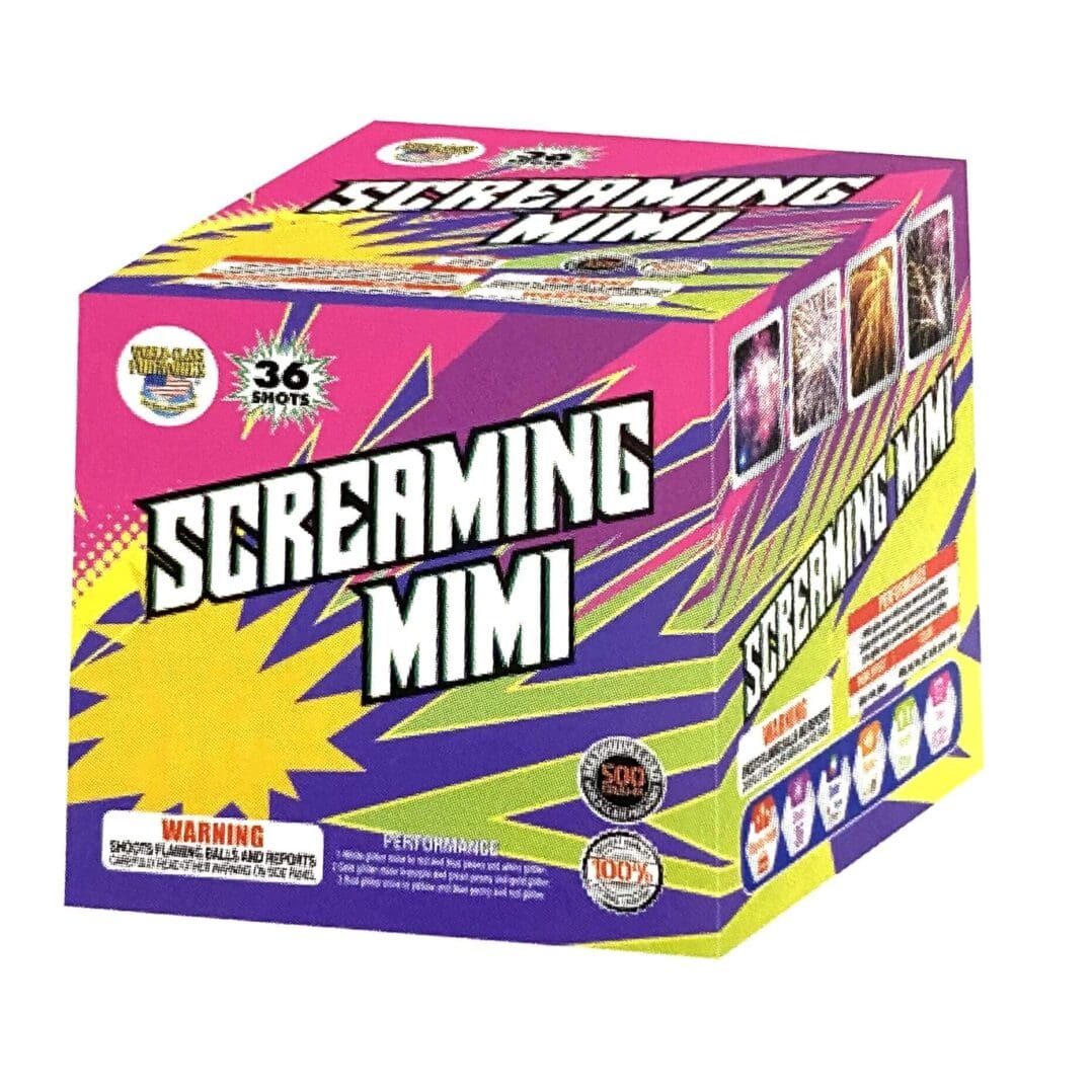 Colorful fireworks box labeled "Screaming Mimi.