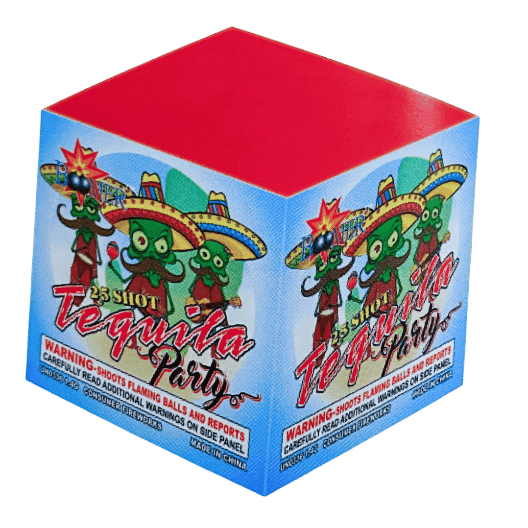 Tequila Party fireworks box with colorful design.
