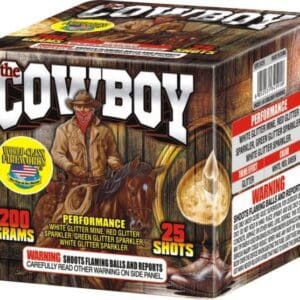 Cowboy-themed fireworks box with performance details.