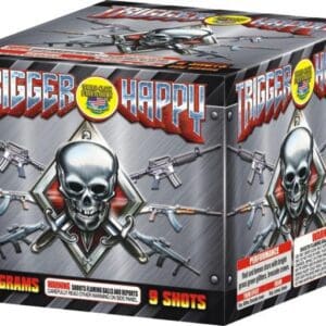 Fireworks box with skull and guns design.