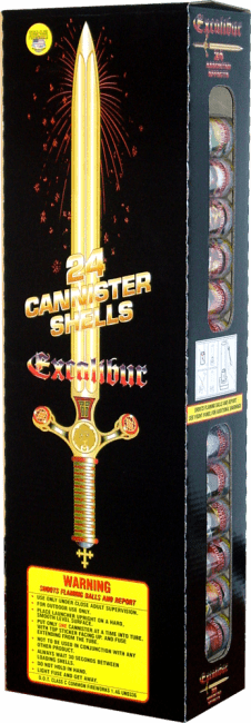 Fireworks box labeled "Excalibur" with sword graphic.