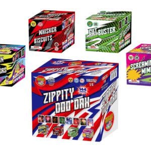 Five colorful firework boxes with unique names.