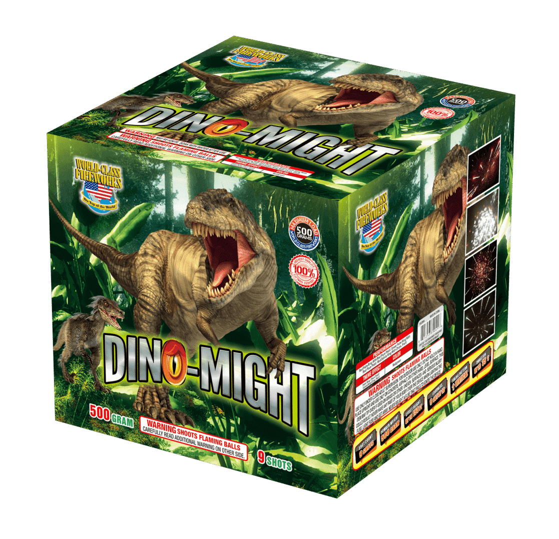 Dino Might fireworks box with dinosaur design.