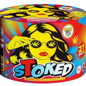 Colorful fireworks packaging with retro-style artwork.