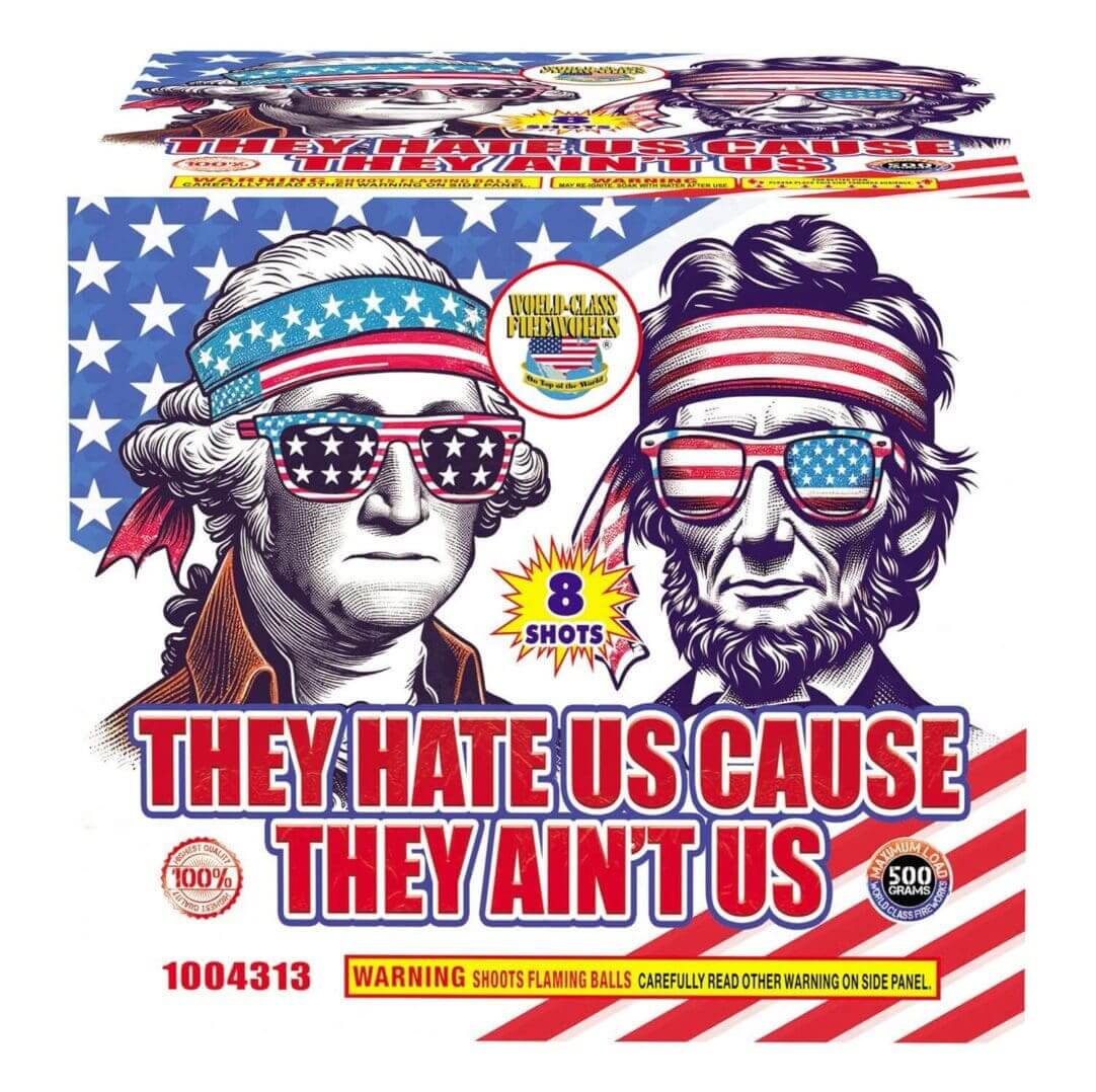 Patriotic-themed fireworks box with bold text.