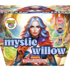 Mystic Willow fireworks packaging with colorful design.