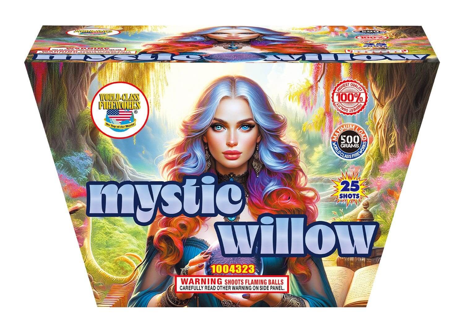 Mystic Willow fireworks packaging with colorful design.