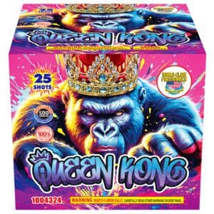 Colorful "Queen Kong" fireworks packaging design.